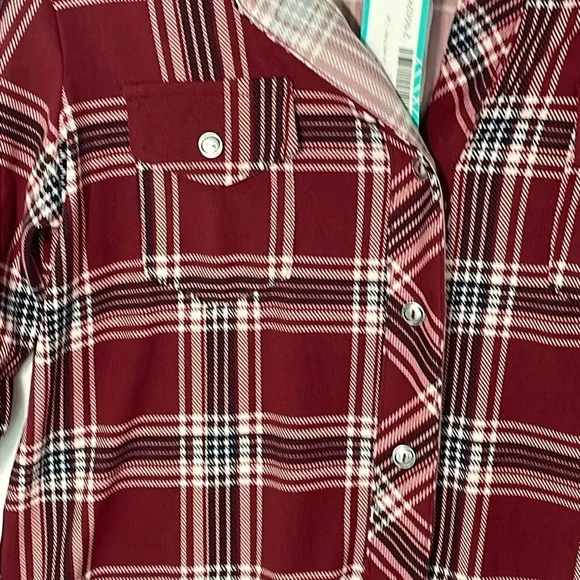 Market & Spruce Perrina Button Down Knit Top 3/4 Burgundy Plaid Women Size Small - Picture 2 of 11